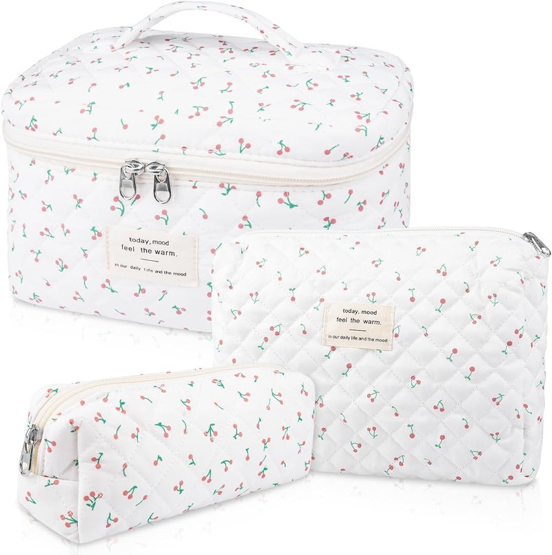 Gosect Large Makeup Bag Set, Quilted Makeup Bag, Floral Cosmetic Bag for Women, Cute Cotton Makeup Bags, Flower Travel Toiletry Organizer Bag (white) - Image 1